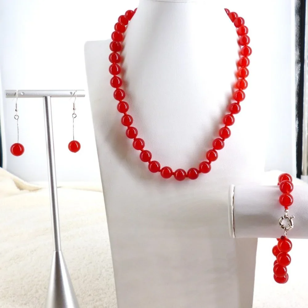 Red Necklace, Bracelet, Earring Set Glass Beads Fancy Clasp 18